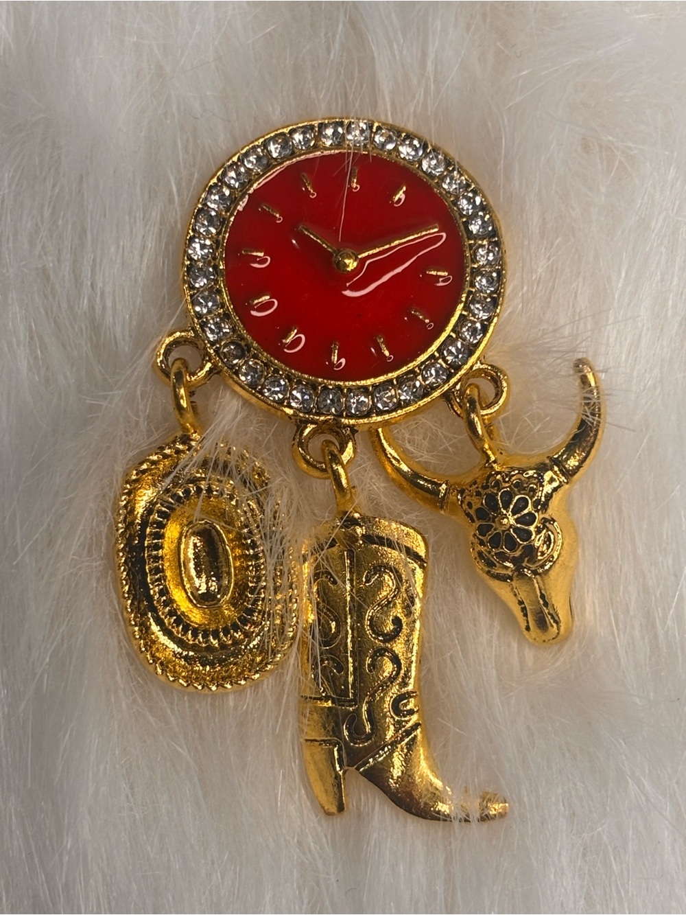 Western Cowboy Brooch Watch Rhinestone Boot Hat Bull Skull Gold Tone